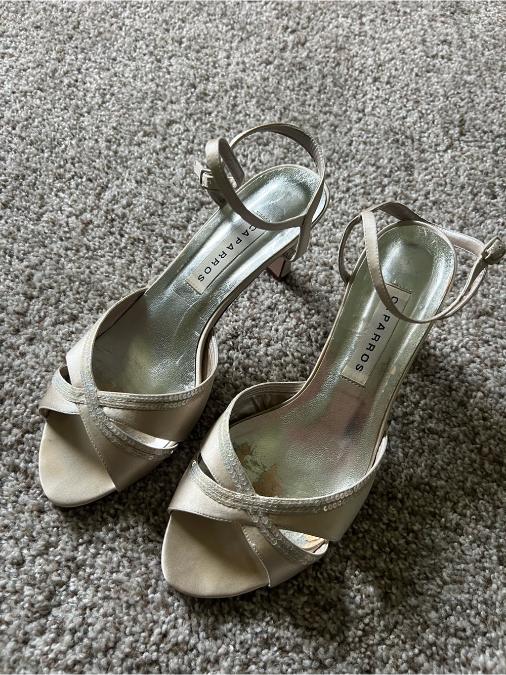 Caparros Satin Open-Toe Ankle Strap Heels in Champagne